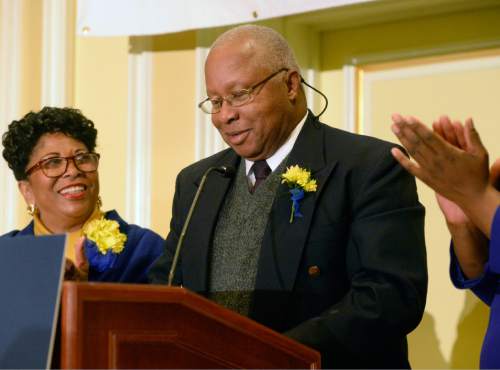 Al Hartmann  |  The Salt Lake Tribune
Dr. Ronald G. Coleman, retired faculty member, University of Utah History Dept. and Ethnic Studies receives the Dr. Martin Luther King Jr. Award from Jeanetta Williams, President of NAACP SaltLake Branch, left, at the 32nd Annual Dr. Martin Luther King Jr., Memorial Luncheon, hosted by NAACP in Salt Lake City Monday Jan. 18.