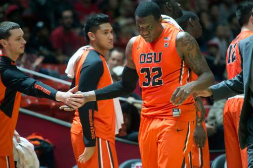 Chris Detrick  |  The Salt Lake Tribune
Oregon State Beavers forward Jarmal Reid (32) is ejected after tripping official Tommy Nunez during the game at the Huntsman Center Sunday January 17, 2016. Reid was called with a technical foul and ejected from the game. Utah Utes won the game against Oregon State Beavers 59-53.