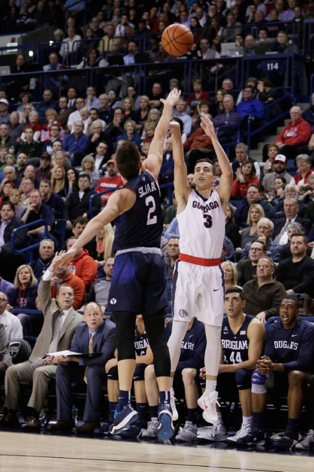 Gonzaga's Kyle Dranginis (3) shoots against BYU's Zac Seljaas (2) during the first half of an NCAA college basketball game, Thursday, Jan. 14, 2016, in Spokane, Wash. (AP Photo/Young Kwak)