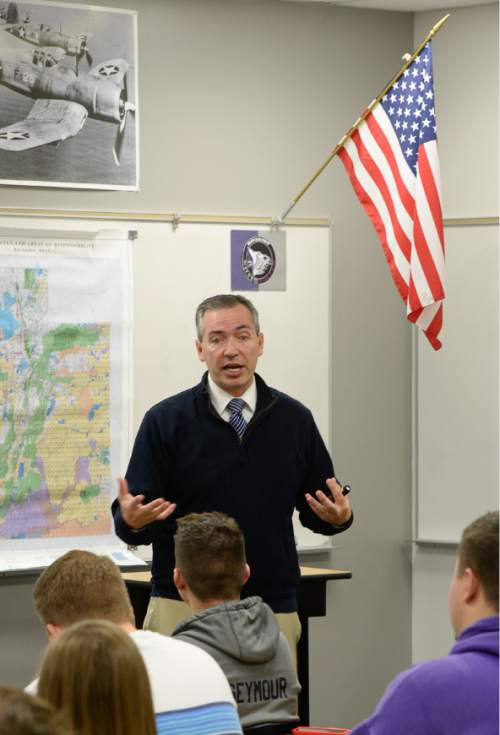 Francisco Kjolseth | The Salt Lake Tribune
Students at Riverton High School get a firsthand lesson in the legislative process as State Representative Dan McCay steps in to teach Cliff Streiby's U.S. Government class on Jan. 20. McCay figured students could benefit from his experience and learn about the upcoming legislative session, which begins on Monday.