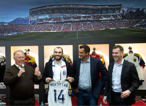 Steve Griffin  |  The Salt Lake Tribune


RSL owner Dell Loy Hansen, left, introduces Yura Movsisyan as the 28-year-old striker returns to his former club after six seasons overseas in one of the most notable signings in club history at the Real Salt Lake store in Salt Lake City, Tuesday, January 19, 2016.