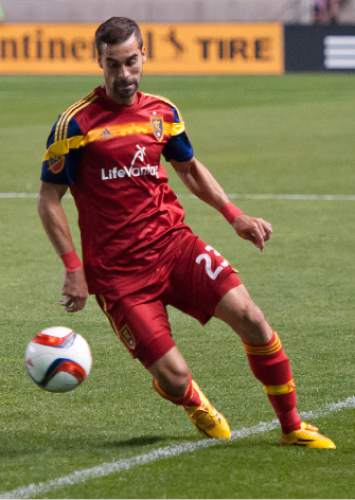 Michael Mangum  |  Special to the Tribune

Real Salt Lake forward Sebastian Jaime (23) dribbles down field just keeping the ball in play during their match against Sporting Kansas City at Rio Tinto Stadium in Sandy, UT on Friday, July 24, 2015. Real Salt Lake had the lead 1-0 at halftime.