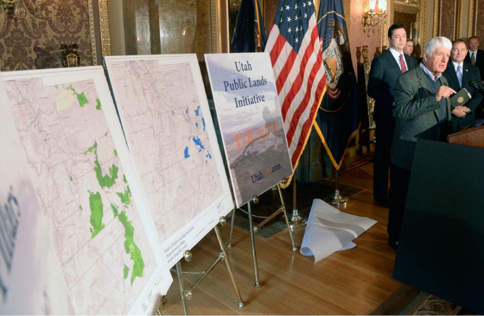 Al Hartmann  |  Tribune file photo
Utah Congressmen Rob  Bishop and Jason Chaffetz with Utah Gov. Gary Herbert unveil a "discussion draft" of their Public Lands Initiative bill affecting 18 million acres in seven eastern Utah counties at the State Capitol Tuesday Jan. 20.