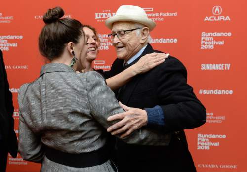 Francisco Kjolseth | The Salt Lake Tribune
Documentary directors Heidi Ewing, left, and Rachel Grady  greet Norman Lear, the subject of their documentary, "Norman Lear: Just Another Version of You," which opened the 2016 Sundance Film Festival in Park City on Thursday, Jan. 21.