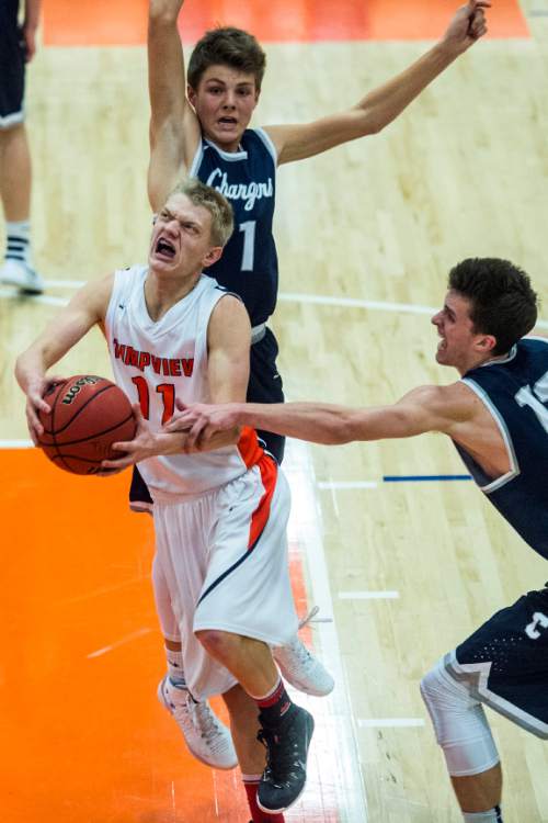 Chris Detrick  |  The Salt Lake Tribune
Timpview's Levi Wilson (11) runs past Corner Canyon's Zach Wilson (1) and Corner Canyon's Brayden Johnson (13) during the game at Timpview High School Friday January 22, 2016.