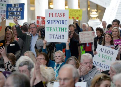Al Hartmann  |  Tribune file photo
Hundreds of citizens and advocates of the governor's plan to expand Medicaid, Healthy Utah, rallied at the Utah Capitol last year. The plan passed the Senate but failed to get a floor vote in the House.