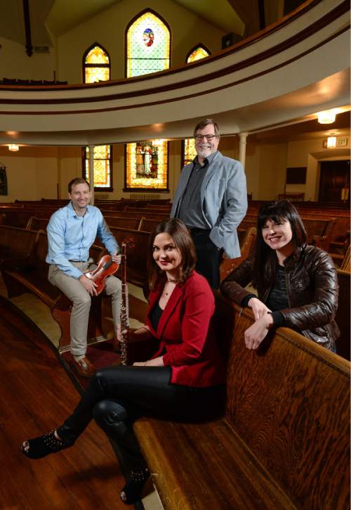 Francisco Kjolseth | The Salt Lake Tribune
There's a brand new chamber orchestra in town, Sinfonia Salt Lake, who will have a performance at First United Methodist Church in Salt Lake. Included in the group, from left, are violinist Micah Fleming, flutist Christina Castellanos, director Robert Baldwin and violinist Leslie Henrie.