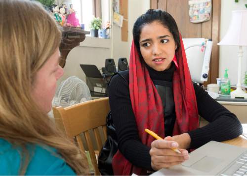 Rick Egan  |  The Salt Lake Tribune

Sonita Alizadeh receives instructions from teacher Angie Christiansen in her ESL class at Wasatch Academy in Mount Pleasant..  Alizadeh is an Afghani teenager and singer who escaped being sold into an arranged marriage and is the subject of a Sundance Film Festival documentaryl, "Sonita."