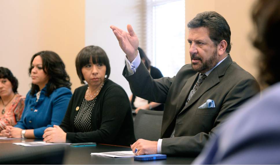 Al Hartmann  |  The Salt Lake Tribune 
Sen. Luz Robles, D-Salt Lake City, left, Rep. Angela Romero, D-Salt Lake City, and Rep. Mark Wheatley, D-Murray outline and discuss pieces of legislation they are introducing and supporting during this legislative session at the Utah Latino Legislative Media Day at the Capitol Wednesday February 12, 2014.