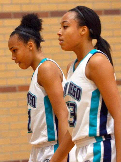 Leah Hogsten  |  The Salt Lake Tribune
Twins Monique and Dominque Mills are a driving force for Juan Diego High School's basketball team. Juan Diego High School girls basketball team defeated Morgan High School 75-55, Friday, January 16, 2015.