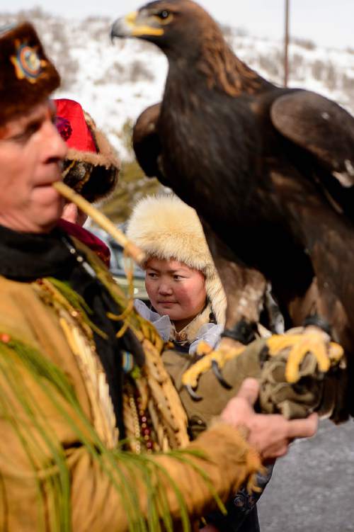 Trent Nelson  |  The Salt Lake Tribune
Aisholpan Nurgaiv, a 15-year-old Mongolian girl who is the first female in 2,000 years to learn to be a eagle hunter, was given a Comanche blessing by Waha Thuweeka, at the Kimball Art Center in Park City on Friday, Jan. 22, 2016. Nurgaiv is the subject of the Sundance documentary "The Eagle Huntress."