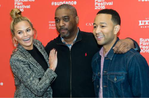Rick Egan  |  The Salt Lake Tribune

Chrissy Tiegen, with executive producers, Mike Jackson and John Legend on the red carpet for the film "Southside With You," at the  2016 Sundance Film Festival premiere in Park City, at the Eccles Theatre, Sunday, January 24, 2016.