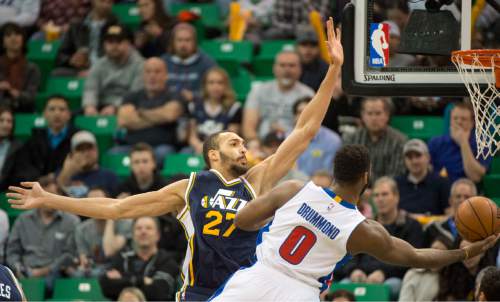 Rick Egan  |  The Salt Lake Tribune

Utah Jazz center Rudy Gobert (27) defends as Detroit Pistons center Andre Drummond (0) goes in for a shot, in NBA action, The Utah Jazz vs. The Detroit Pistons, in Salt Lake City, Monday, January 25, 2016.