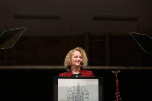 Meg Roussos  |  Special to the Tribune

Salt Lake Mayor, Jackie Biskupski, speaks during the State of the City Address at Mountain View Elementary School in Salt Lake City, Utah on January 26, 2016.
