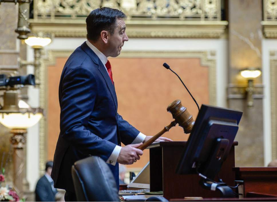 Francisco Kjolseth | The Salt Lake Tribune
Speaker of the House Greg Hughes uses the gavel to officially start the 2016 Legislative session on Monday, Jan. 25, 2016 at the Utah Capitol.
