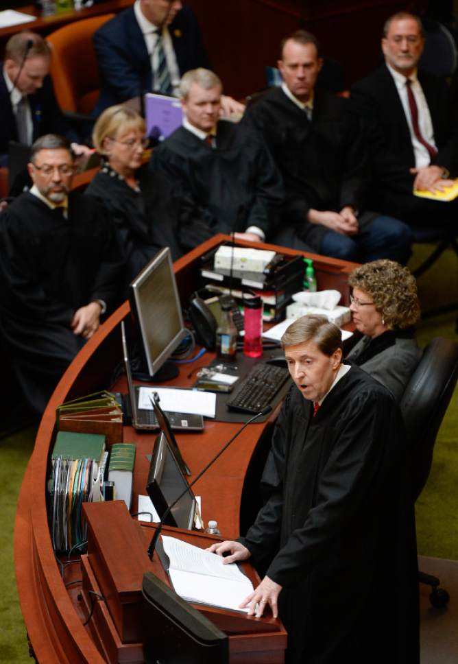 Francisco Kjolseth | The Salt Lake Tribune
Chief justice of the Utah Supreme Court Matthew B. Durrant gives the state of the judiciary address in the House chambers at the Utah State Capitol on Monday, the first day of the 2016 Legislative session.