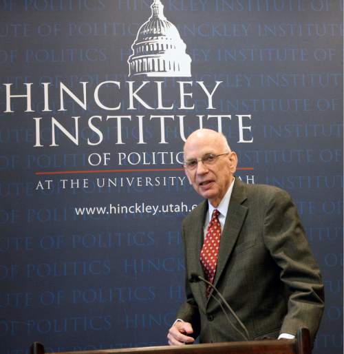 Al Hartmann  |  The Salt Lake Tribune
Former Utah Senator Bob Bennett speaks at the The Hinckley Institute of Politics at the University of Utah Wednesday Jan. 27 as he is inducted into the Hinckley Hall of Fame.  He is still passionate about education, business and government service.