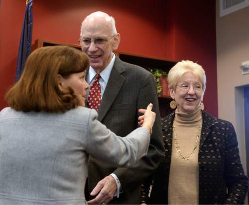 Al Hartmann  |  The Salt Lake Tribune
Jackie Leavitt, wife of three-time Governor of Utah Mike Leavitt, greets good friends former Senator Bob Bennett and his wife Joyce McKay Bennett Wednesday Jan. 27 at the University of Utah where the Hinckley Institute of Politics inducted Bennett into the Hinckley Hall of Fame.