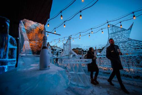 Trent Nelson  |  The Salt Lake Tribune
The Waldorf Astoria in Park City unveiled its Arctic Ice Lounge earlier this month. The full-size bar is made completely of ice. It sits on an outside deck and offers customers Champagne flights and Champagne cocktails.