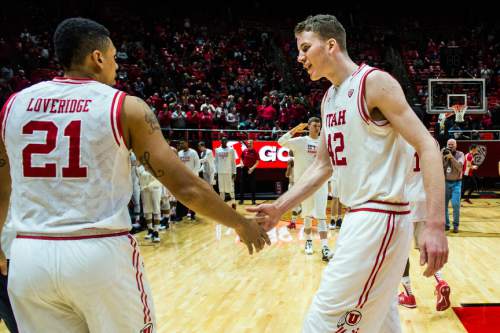 Chris Detrick  |  The Salt Lake Tribune
Utah Utes forward Jordan Loveridge (21) and Utah Utes forward Jakob Poeltl (42) celebrate during the game at the Huntsman Center Sunday January 17, 2016. Utah Utes won the game against Oregon State Beavers 59-53.