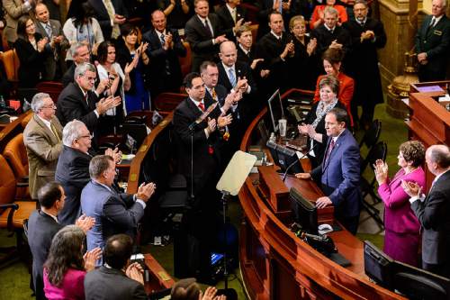 Trent Nelson  |  The Salt Lake Tribune
Utah Governor Gary Herbert gets a standing ovation after getting emotion talking about slain Officer Douglas Barney, during the annual State of the State Address in the House Chamber of the State Capitol Building in Salt Lake City, Wednesday January 27, 2016.