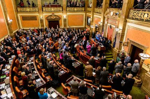 Trent Nelson  |  The Salt Lake Tribune
Utah Governor Gary Herbert gets a standing ovation after getting emotion talking about slain Officer Douglas Barney, during the annual State of the State Address in the House Chamber of the State Capitol Building in Salt Lake City, Wednesday January 27, 2016.