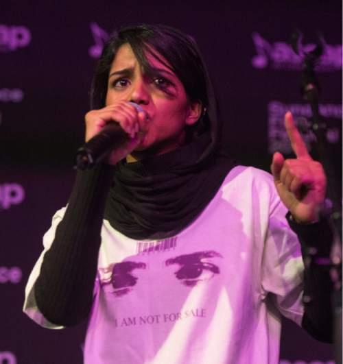 Rick Egan  |  The Salt Lake Tribune

Sonita Alizadeh performs at the Music Cafe in Park City on Tuesday, Jan. 26, 2016. Alizadeh, an Afghani refugee now attending school in Utah, is the subject of "Sonita," a documentary at Sundance.