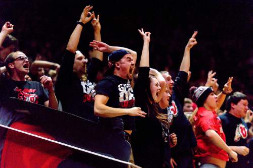 Trent Nelson  |  The Salt Lake Tribune
Utah fans celebrate an 13-point lead in the first half, as the University of Utah hosts Cal, NCAA basketball at the Huntsman Center in Salt Lake City, Wednesday January 27, 2016.