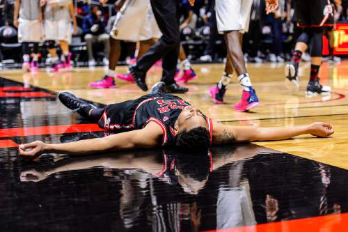 Trent Nelson  |  The Salt Lake Tribune
Utah Utes guard Lorenzo Bonam (15) on the floor after the Utes failed to score on the last possession of the first half, as the University of Utah hosts Cal, NCAA basketball at the Huntsman Center in Salt Lake City, Wednesday January 27, 2016.