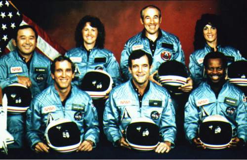 Associated Press file photo
The crew of Space Shuttle Challenger poses for a photo on Jan. 28, 1986 -- the day of the tragic accident. In the front row, from left: Mike Smith, Francis R. Scobee, Ronald E.McNair. Back row from left: Ellison S. Onizuka, Christa McAuliffe, Gregory Jarvis and Judy Resnik. The space shuttle with the seven astronauts onboard exploded over Cape Canaveral, Fla., 73 seconds after launch. All occupants were killed.