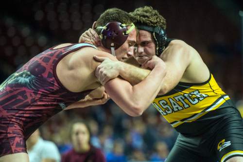 Chris Detrick  |  The Salt Lake Tribune
Maple Mountain's Cory Rokovitz and Wasatch's Wayson Foy wrestle in the 195 pound during the 4A State Duals at the Maverik Center Thursday January 28, 2016.