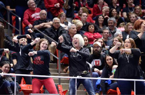 Scott Sommerdorf   |  The Salt Lake Tribune
Utah fans dance in between events as Utah Gymnastics defeated UCLA 196.725 - 194.725 in the Huntsman Center, Friday, January 23, 2015.