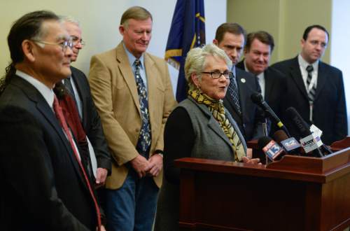 Francisco Kjolseth | The Salt Lake Tribune
House Representative Carol Spackman Moss, center, is joined by other members of the legislature as they present a group of bills targeted at the opioid overdose crisis that is sweeping the state. Opioid overdose is on the rise in Utah. Utah ranks 4th highest in the nation for drug overdose deaths.