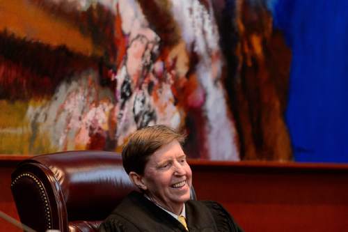 Trent Nelson  |  The Salt Lake Tribune
Chief Justice Matthew Durrant laughs as John A. Pearce speaks at his Investiture Ceremony as a justice for the Utah Supreme Court, in Salt Lake City, Friday January 29, 2016.