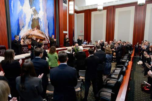 Trent Nelson  |  The Salt Lake Tribune
John A. Pearce gets a standing ovation after speaking at his Investiture Ceremony as a justice for the Utah Supreme Court, in Salt Lake City, Friday January 29, 2016.