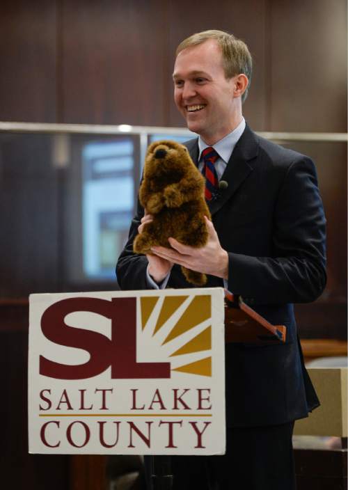 Francisco Kjolseth | The Salt Lake Tribune
Salt Lake County Mayor Ben McAdams draws some analogies to Groundhog Day with the use of a prop as he begins his annual "State of the County" speech in the County Council chambers in the  County Government Center.