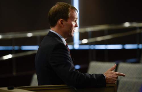 Francisco Kjolseth | The Salt Lake Tribune
Salt Lake County Mayor Ben McAdams speaks with the media after delivering his annual "State of the County" speech in the County Council chambers in the  County Government Center.