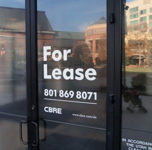 Al Hartmann  |  The Salt Lake Tribune
One of many for lease signs on vacant storefront Monday Nov. 23 at the Gateway in Salt Lake City.