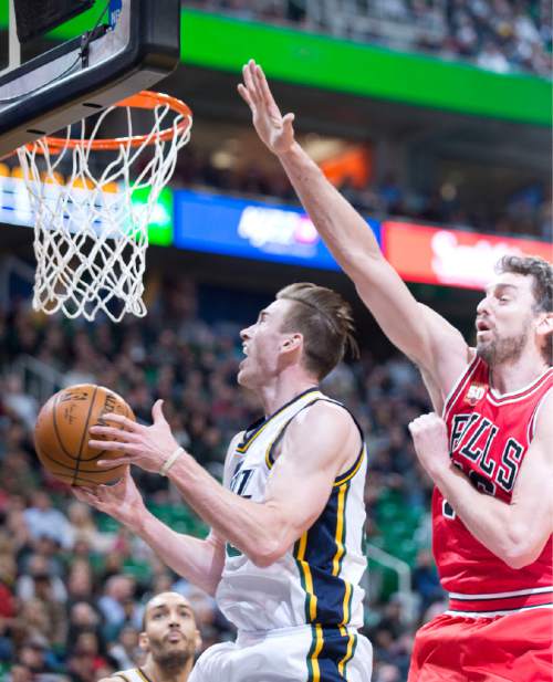 Lennie Mahler  |  The Salt Lake Tribune

Gordon Hayward drives past Pau Gasol in the first half of a game between the Utah Jazz and the Chicago Bulls on Monday, Feb. 1, 2016, at Vivint Smart Home Arena.