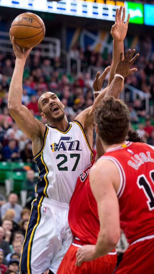 Lennie Mahler  |  The Salt Lake Tribune

Rudy Gobert puts up a shot in the first half of a game between the Utah Jazz and the Chicago Bulls on Monday, Feb. 1, 2016, at Vivint Smart Home Arena.
