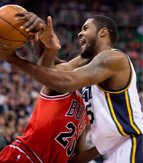 Lennie Mahler  |  The Salt Lake Tribune

Derrick Favors tries to get past Tony Snell in the first half of a game between the Utah Jazz and the Chicago Bulls on Monday, Feb. 1, 2016, at Vivint Smart Home Arena.