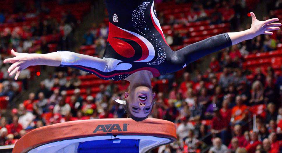 Trent Nelson  |  The Salt Lake Tribune
Utah's Baely Rowe competes on the vault as the University of Utah hosts Arizona, NCAA gymnastics at the Huntsman Center in Salt Lake City, Monday February 1, 2016.