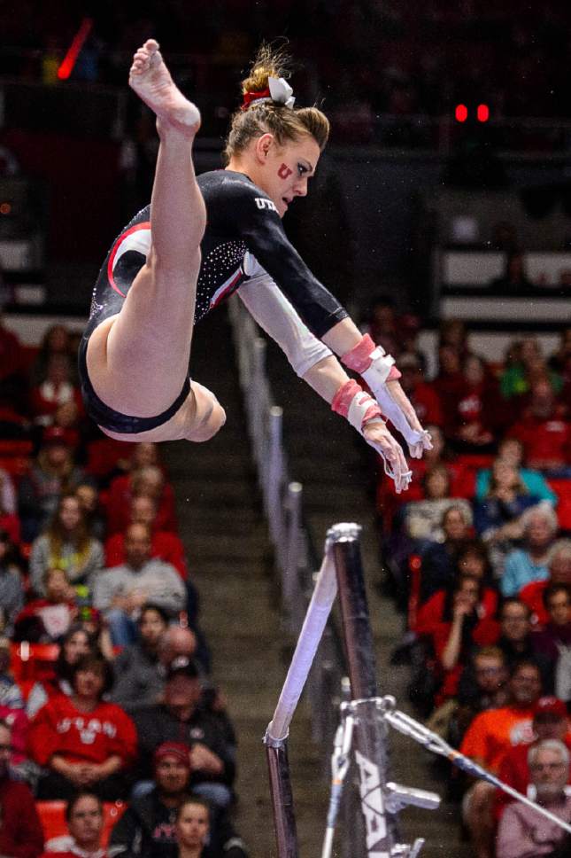 Trent Nelson  |  The Salt Lake Tribune
Utah's Tiffani Lewis competes on the bars as the University of Utah hosts Arizona, NCAA gymnastics at the Huntsman Center in Salt Lake City, Monday February 1, 2016.