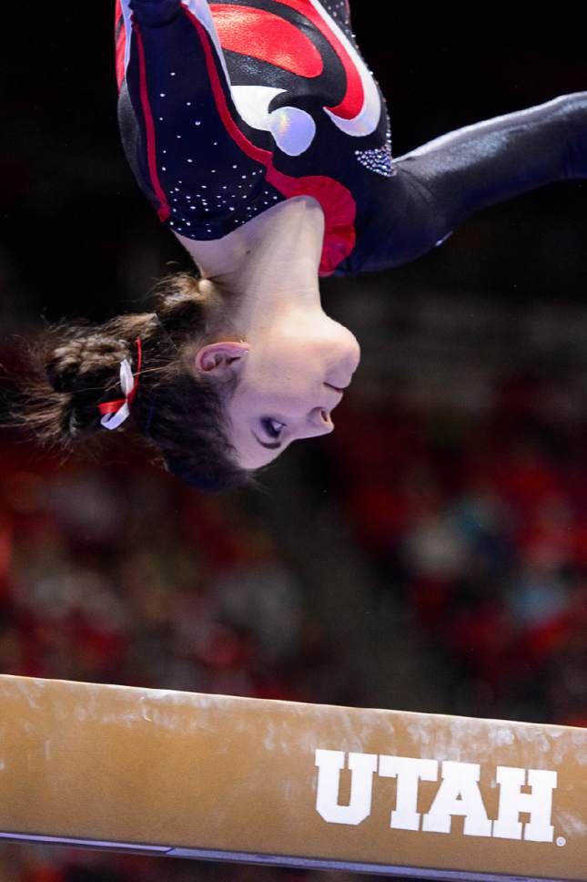 Trent Nelson  |  The Salt Lake Tribune
Utah's Samantha Partyka competes on the beam as the University of Utah hosts Arizona, NCAA gymnastics at the Huntsman Center in Salt Lake City, Monday February 1, 2016.