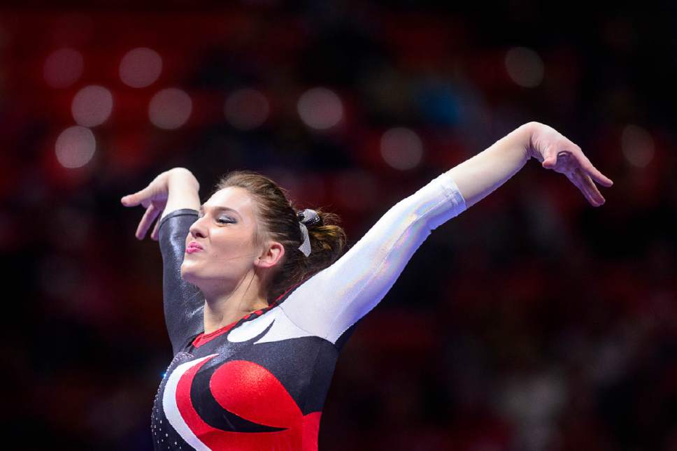 Trent Nelson  |  The Salt Lake Tribune
Utah's Baely Rowe competes on the beam as the University of Utah hosts Arizona, NCAA gymnastics at the Huntsman Center in Salt Lake City, Monday February 1, 2016.