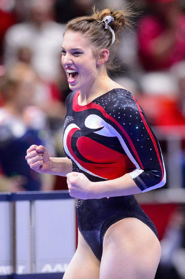 Trent Nelson  |  The Salt Lake Tribune
Utah's Baely Rowe celebrates after dismounting the beam as the University of Utah hosts Arizona, NCAA gymnastics at the Huntsman Center in Salt Lake City, Monday February 1, 2016.