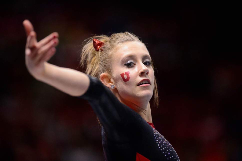 Trent Nelson  |  The Salt Lake Tribune
Utah's MaKenna Merrell performs her floor routine as the University of Utah hosts Arizona, NCAA gymnastics at the Huntsman Center in Salt Lake City, Monday February 1, 2016.