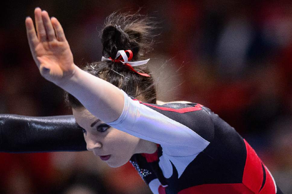 Trent Nelson  |  The Salt Lake Tribune
Utah's Samantha Partyka performs her floor routine as the University of Utah hosts Arizona, NCAA gymnastics at the Huntsman Center in Salt Lake City, Monday February 1, 2016.