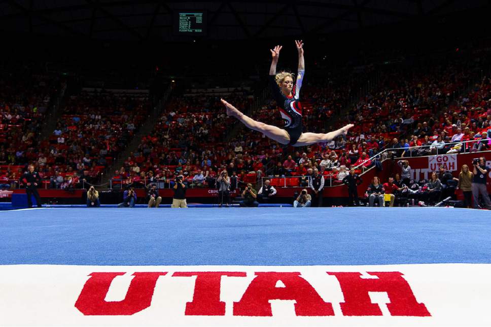 Trent Nelson  |  The Salt Lake Tribune
Utah's Sabrina Schwab performs her floor routine as the University of Utah hosts Arizona, NCAA gymnastics at the Huntsman Center in Salt Lake City, Monday February 1, 2016.