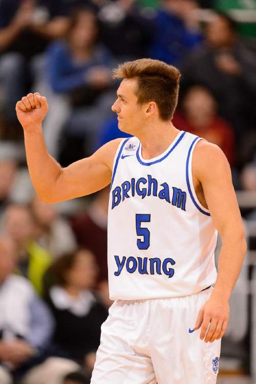 Trent Nelson  |  The Salt Lake Tribune
BYU's Kyle Collinsworth pumps his fist as BYU faces Weber State, NCAA basketball at Vivant Smart Home Arena in Salt Lake City, Saturday December 5, 2015.
